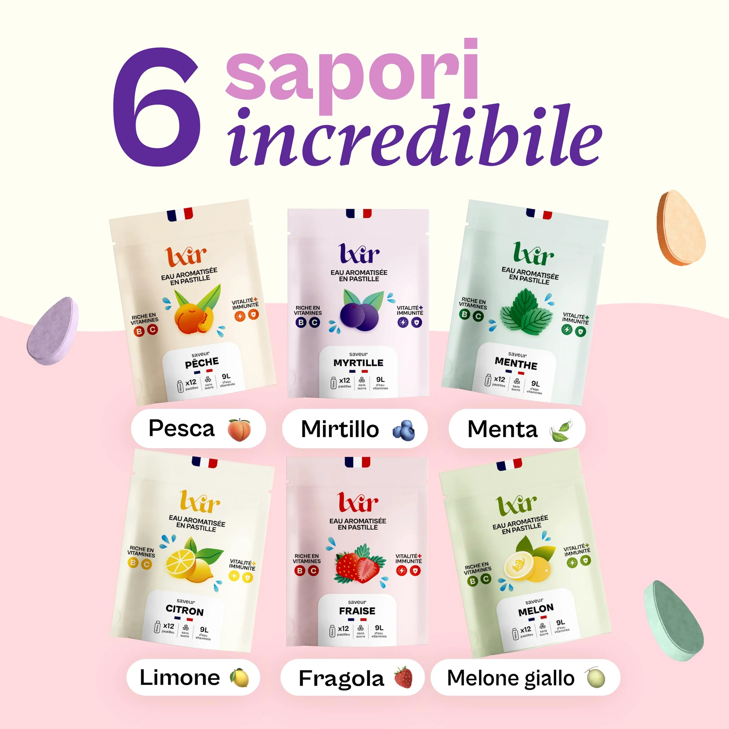 LXIR DRINK – Pastiglia aromatizzata senza zucchero – Bevanda multivitaminica – Ricca di vitamine C e B – Idratazione quotidiana – Bellezza della pelle (Limone x3)