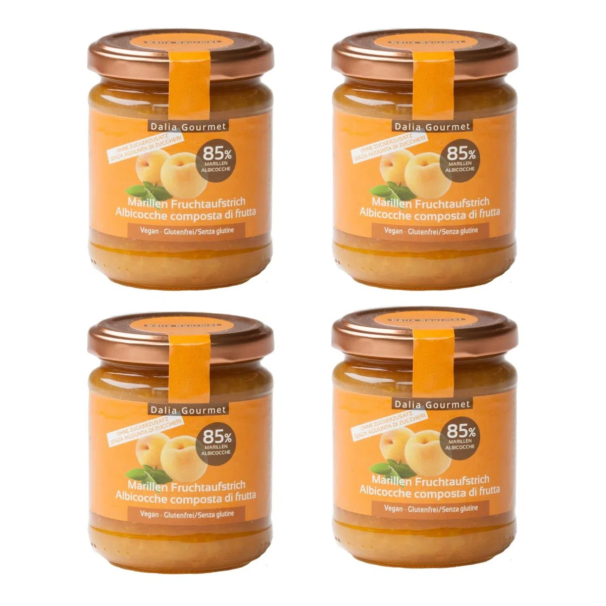 Dalia - Composta di frutta 85% | Senza aggiunta di zuccheri con ERITRITOLO - STEVIA | Prodotto artigianale italiano | 4 pezzi da 220 g | Albicocche