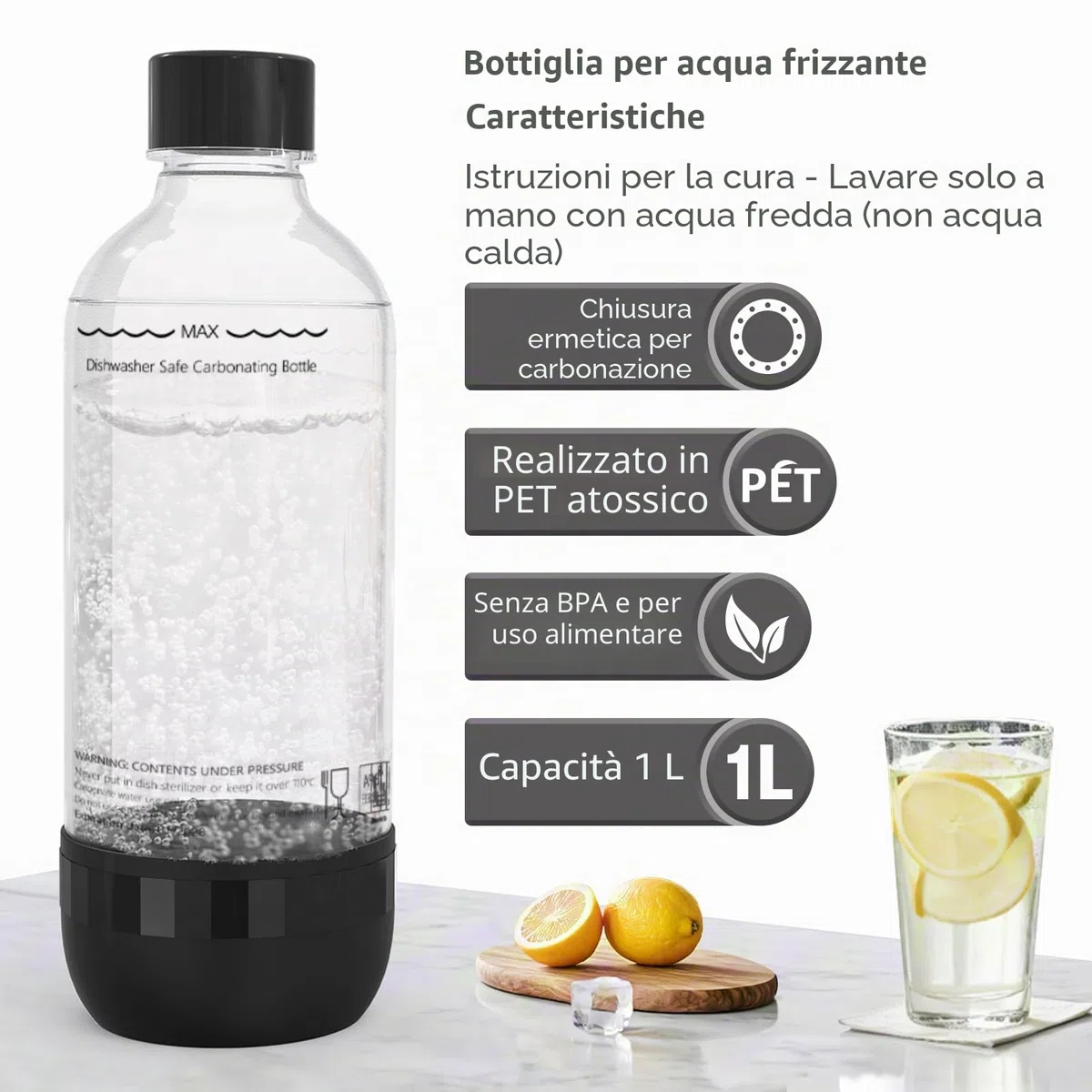 Bottiglie per Soda 1L, Confezione da 2, Senza BPA, PET, Riutilizzabili, 2x Nere, Compatibili con Macchine per Soda e Acqua Frizzante