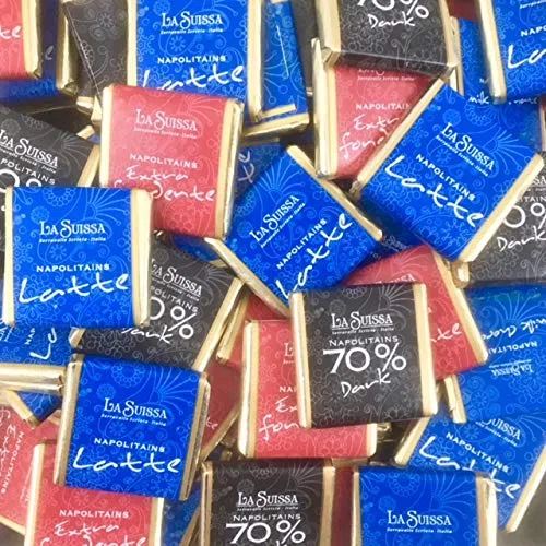 Cioccolatini di cortesia Napolitains La Suissa g 500 (90 cioccolatini) - Assortimento: Fondenti 52%, Fondenti Extra 70%, al Latte. Senza glutine