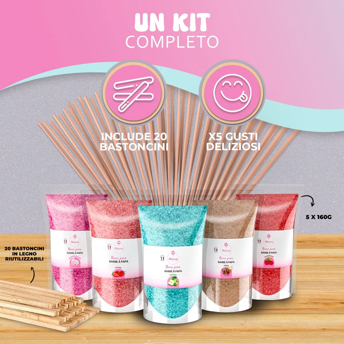 Misskandy® Zucchero per Zucchero Filato (5x160 gr) - Set di 5 Gusti (Fragola/Cola/Mela/Marshmallow/Lampone) - Aromi e Colori Naturali - 20 Bastoncini - MADE IN FRANCE