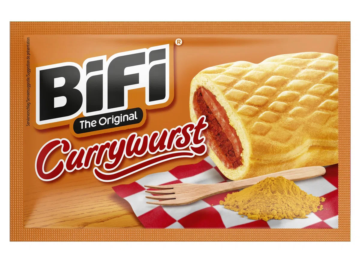 BiFi Currywurst, Snack Al Salame di Prosciutto Con Salsa Al Curry, Avvolto in Morbido Panino, Formato Tascabile, da Gustare in Viaggio, in Ufficio o Quando fai Sport, Confezione da 20 (20 X 60 g)