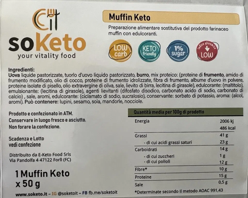 SOKETO Dolce Keto Muffin per Dieta Keto e Pochi carbo Merendina Colazione Spuntino-Dolce per Dieta Keto/Proteica/Low Carb, Anche per diabetici IG<2, Anziani e bambini (6x50g)