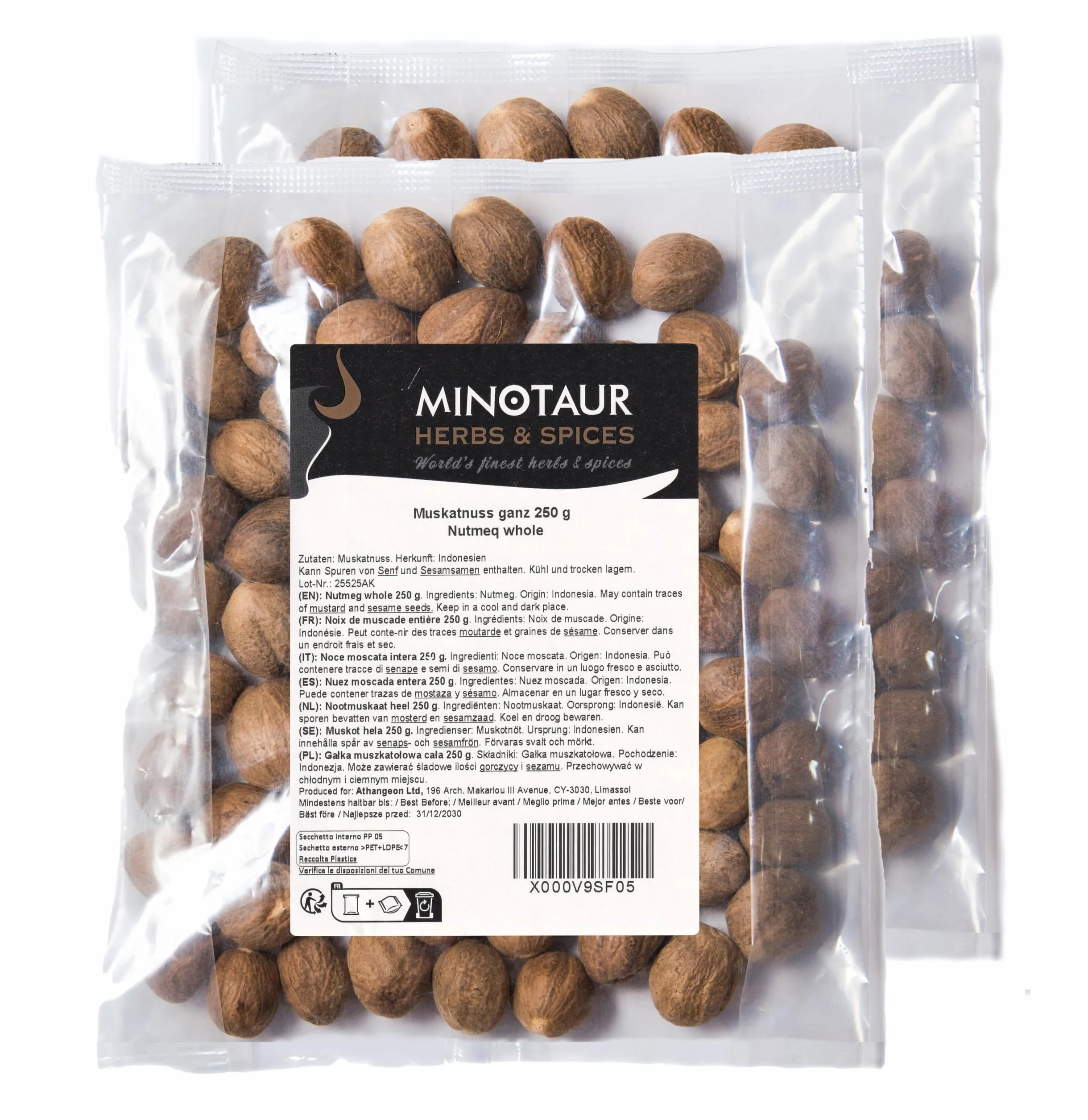 Minotaur Spices | Noce Moscata Intera | 2 x 250 g (0,5 kg) | Circa 100-130 Pezzi (a seconda della Dimensione della Noce)