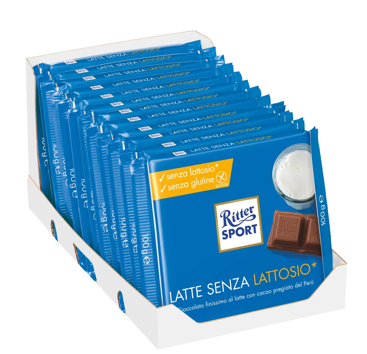 RITTER SPORT Latte Senza Lattosio, Tavoletta di Cioccolato al Latte Senza Lattosio, Cacao 100% Certificato Sostenibile, Senza Glutine, 12 Pezzi da 100 g