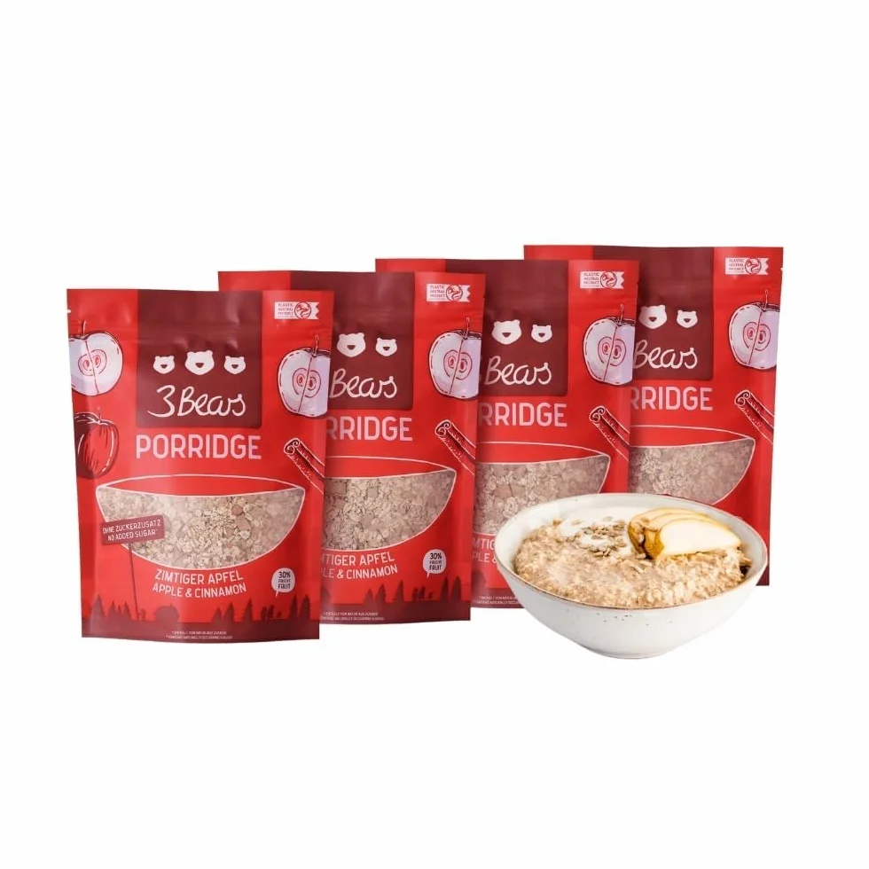 3Bears Porridge Mela e Cannella - pacchetto con 4 confezioni (4 x 400g). Tanta frutta e niente zuccheri aggiunti, fiocchi d’avena, colazione 100% naturale