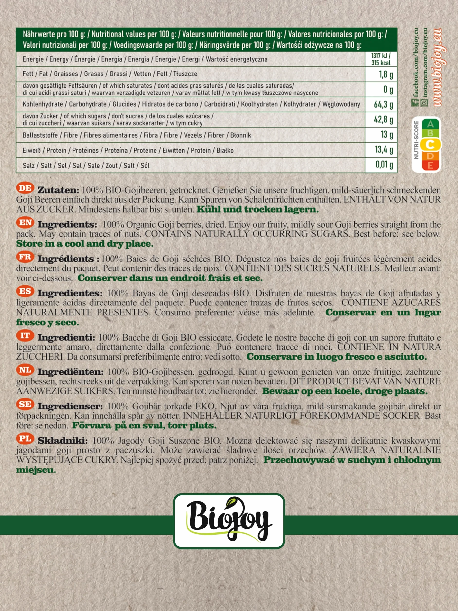 Biojoy Bacche di Goji BIO (1 kg), essiccate e senza zolfo