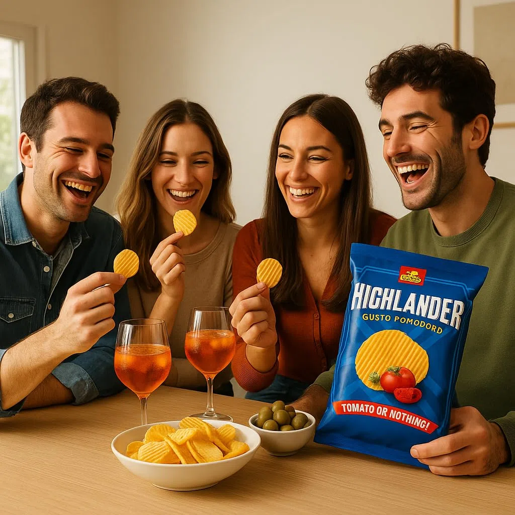 San Carlo Highlander Patatine Gusto Pomodoro – 8 Confezioni da 150g – Croccanti, Ondulate, Sapore Intenso al Pomodoro – Snack Salato Made in Italy