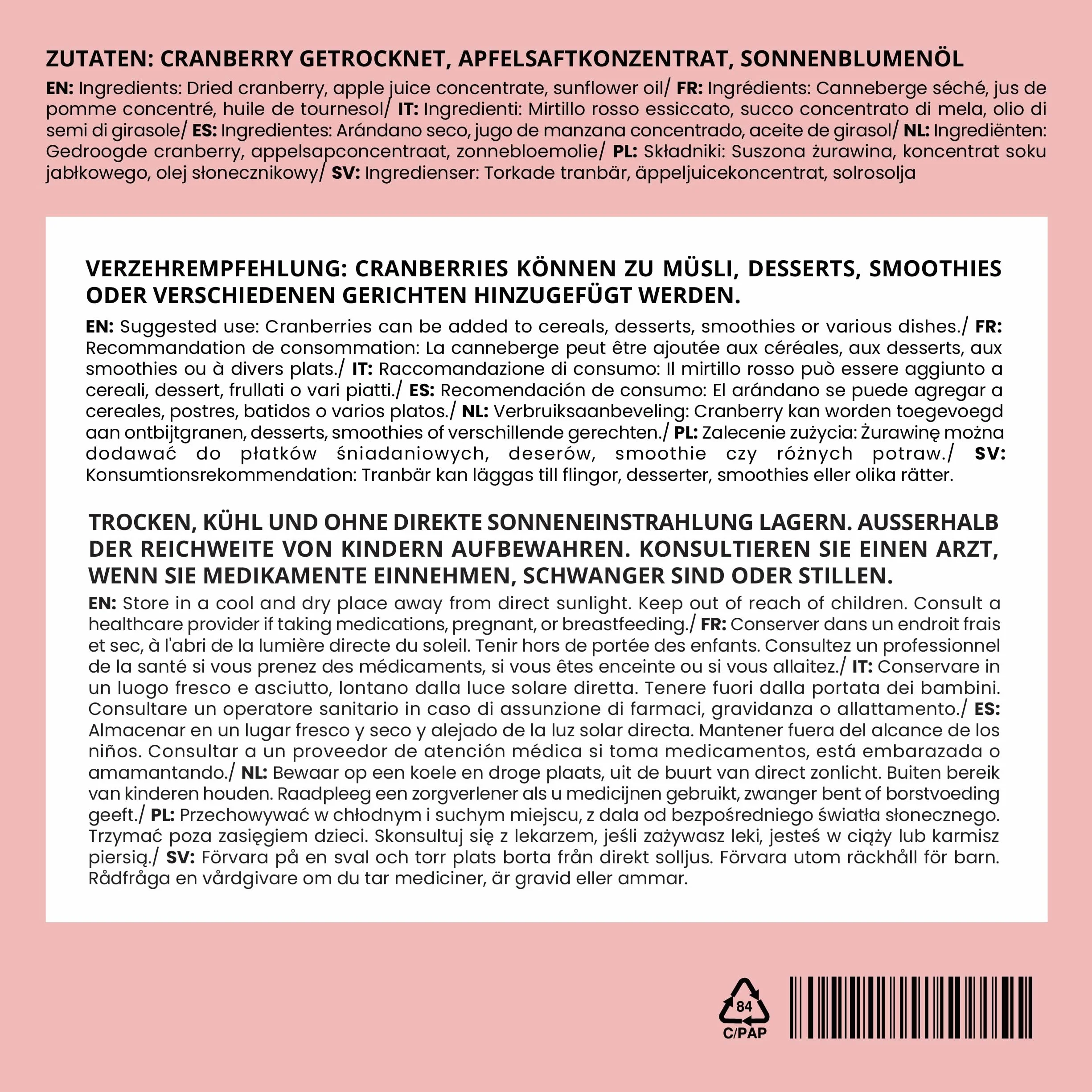 IDDA Herbal Mirtilli Rossi Secchi 1kg, Mirtilli Rossi Essiccati, Dolcificati con Succo di Mela