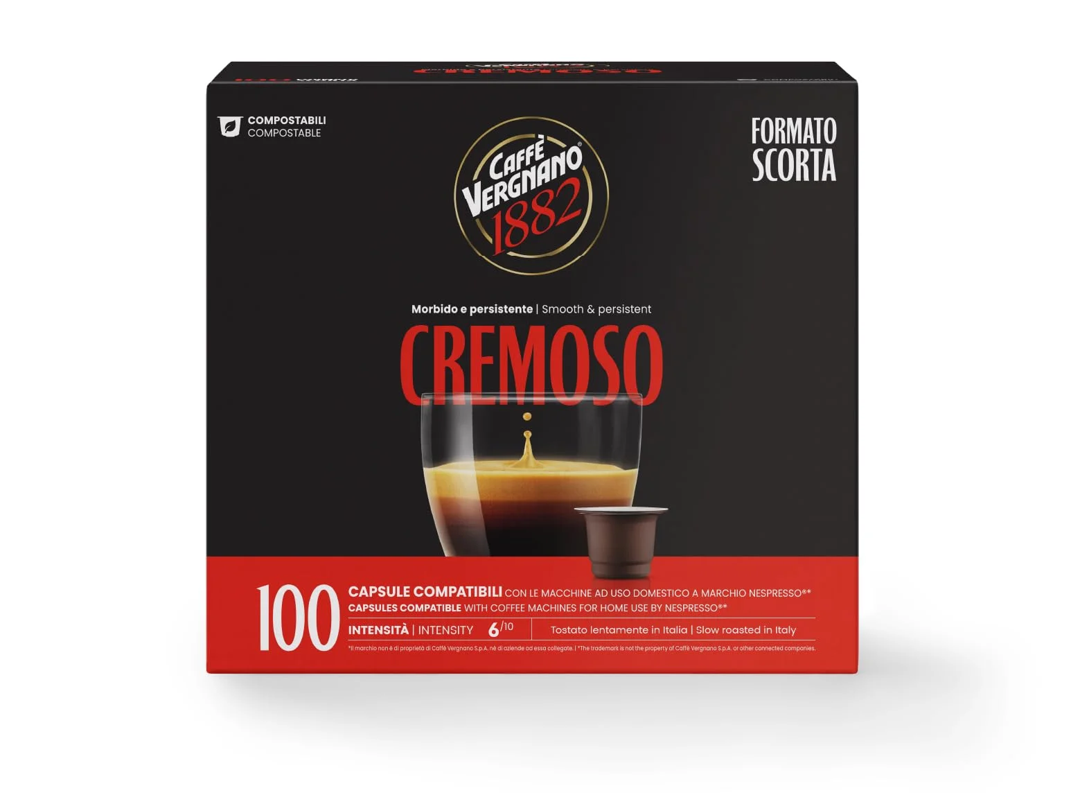 Caffè Vergnano 1882 - 100 Capsule - Caffè Compostabili e Compatibili con Nespresso, Cremoso - Pack da 100 capsule