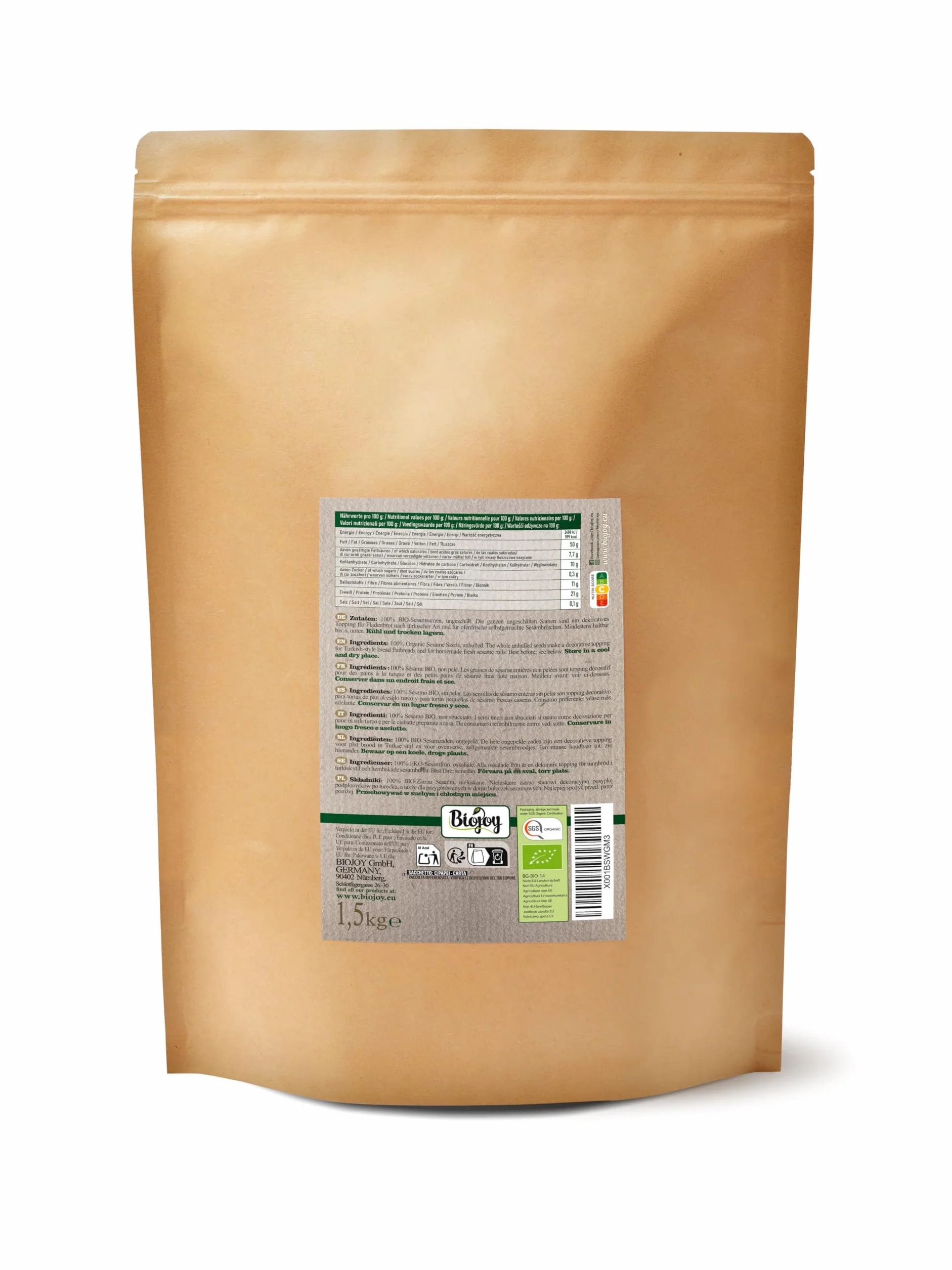 Biojoy Semi Di Sesamo BIO (1,5 kg), Sesamo Bianco non sbucciato