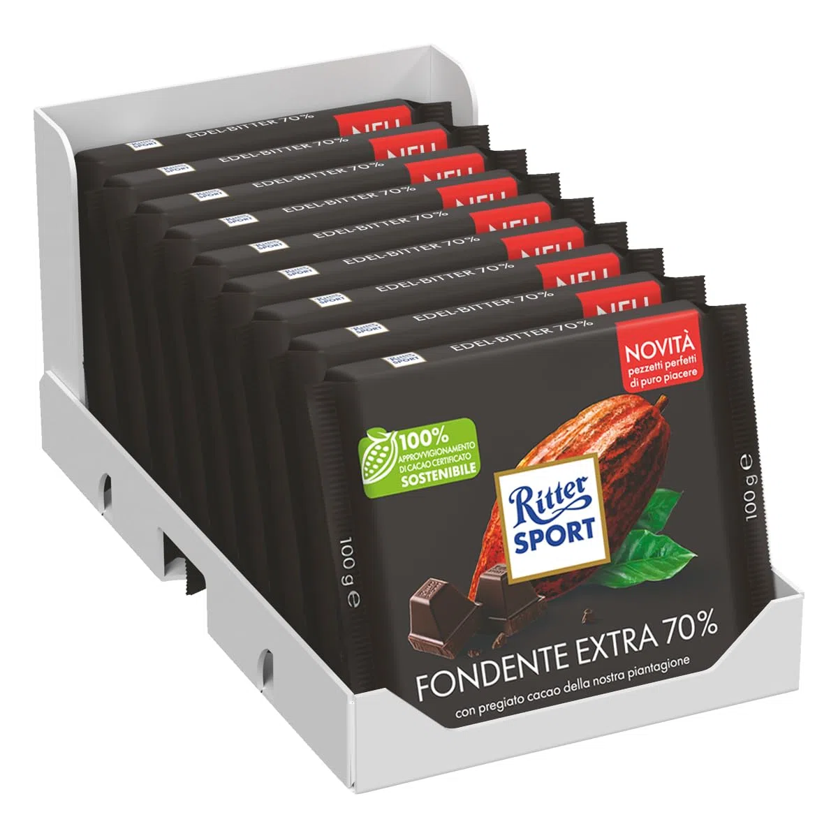 RITTER SPORT Fondente 70% Cacao, Tavoletta di Cioccolato Extra Fondente con Ingredienti Selezionati, Materie Prime da Filiera Certificata Sostenibile, 9 Pezzi x 100 g