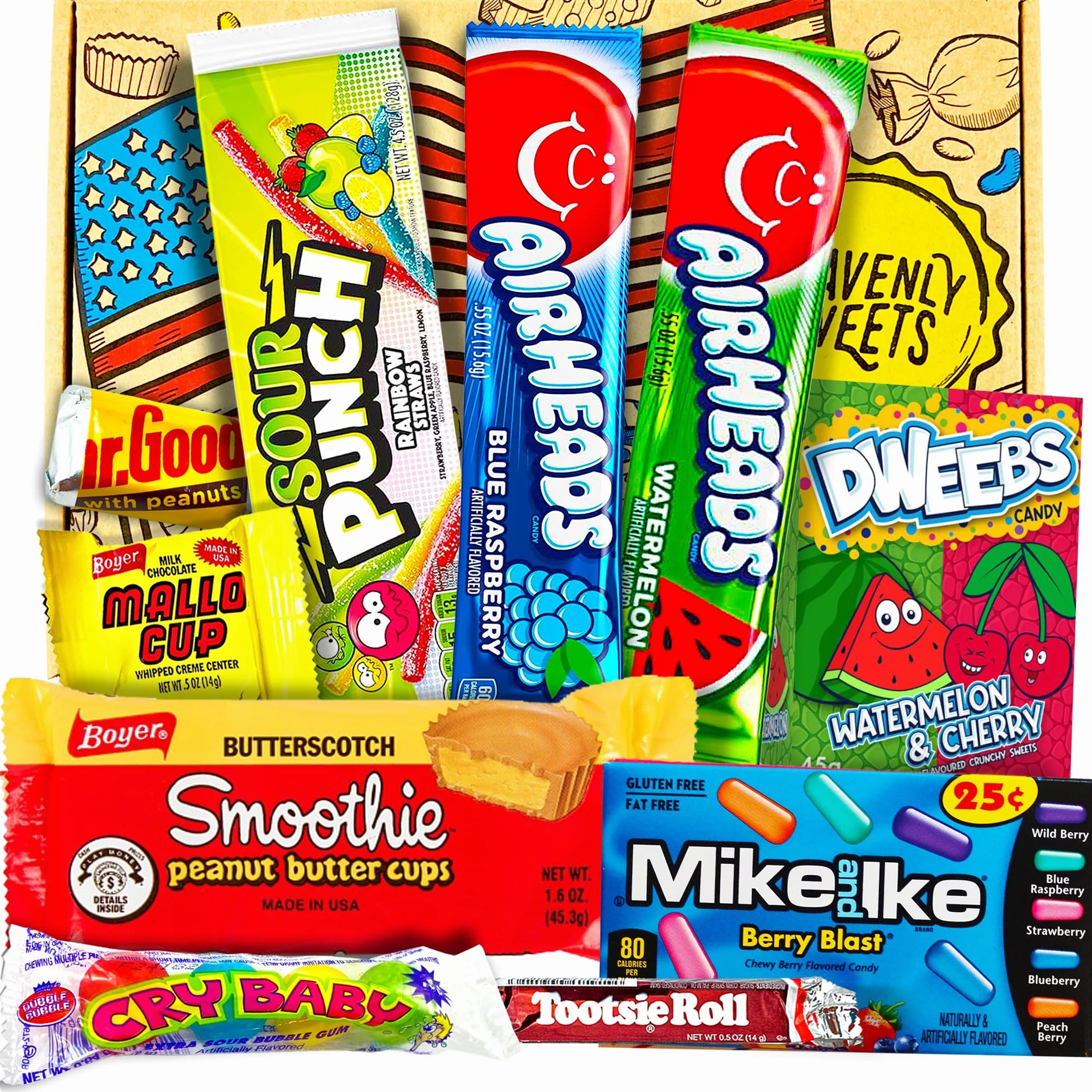 Confezione Piccola di Snack Americani | Caramelle e Cioccolato per Idea Regalo di Natale e Compleanno | Vasta Gamma tra cui Jolly Rancher Reeses Jelly Belly | 13 Pezzi in Confezione Vintage di Cartone