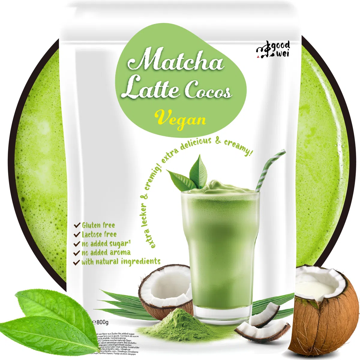 Matcha Coco Latte Mix | Matcha & Cocco | Leggermente dolcificato con stevia (0,1%) | Senza latte né additivi | Dosaggio libero & preparazione con acqua (800g)