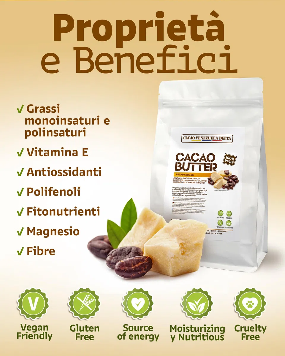 Cacao V Delta Burro Di Cacao Deodorato Alimentare e per Cosmesi 250g - Puro, Non Raffinato - Cheto, Paleo, Vegano, Senza Glutine - Per Dolci e Cioccolato - Antiossidanti, Acidi Essenziali