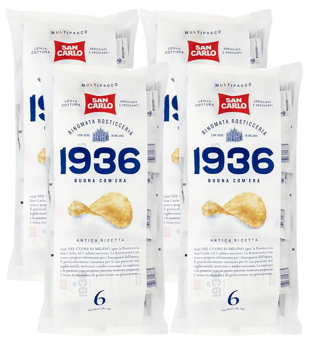 4X San Carlo 1936 Buona Com'era Patatine Antica Ricetta Formato Multipack con all'interno 6 Buste da 25g, Senza Glutine (Gluten Free) 150g