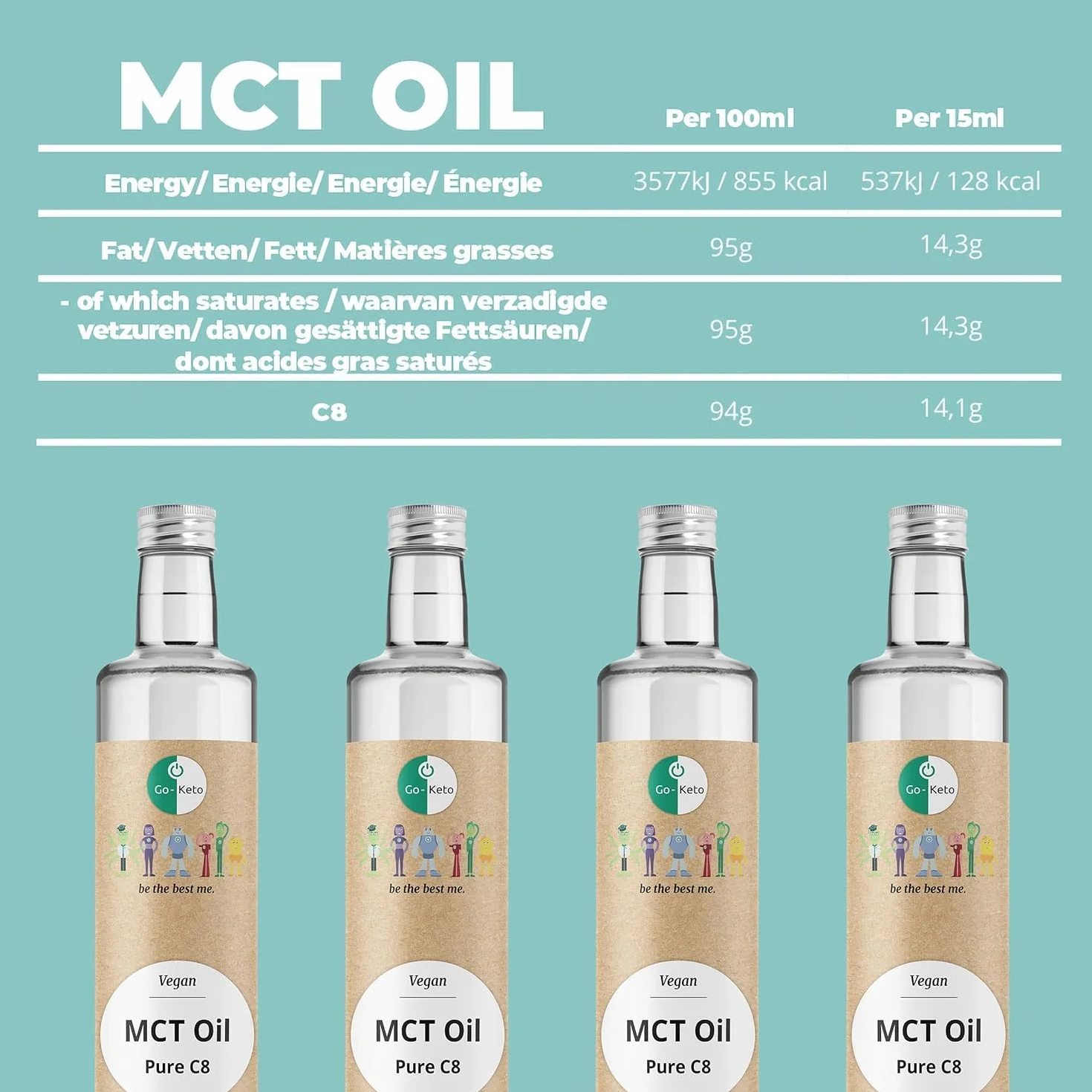 Go-Keto MCT Oil C8, 500ml | Olio MCT C8, 100% olio di cocco, senza olio di palma | perfetto per dieta chetogenica | crema di caffè cheto, per bulletproof coffee o frullato cheto | vegano