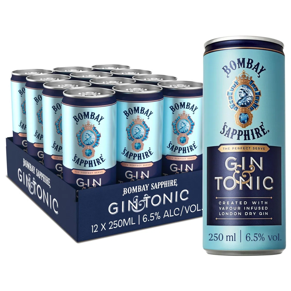 Lattine di cocktail pronti da bere Bombay Sapphire Gin and Tonic Ready to Drink, 6,5% vol., 25 cl / 250 ml (Confezione da 12), Drink alcolici con London Dry Gin 100% infuso a vapore