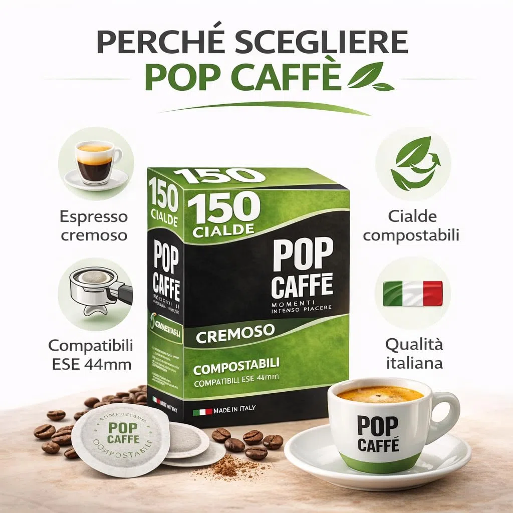 POP Caffè Cialde ESE 44 Compostabili – 150 Cialde Caffè Miscela Rossa Cremosa, Espresso Intenso, Compatibili con Macchine ESE 44mm