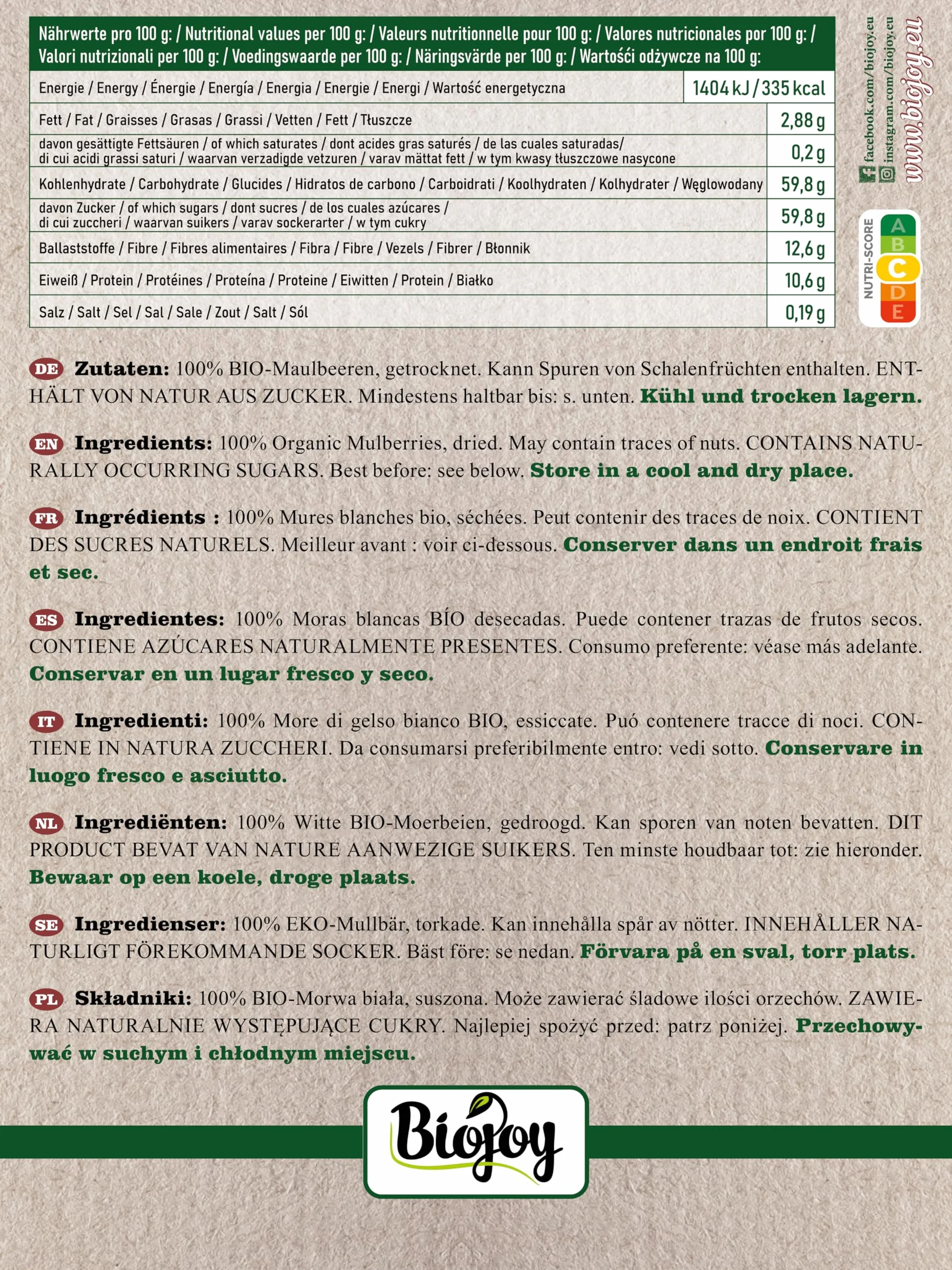 Biojoy More di Gelso bianco BIO (1 kg), essiccate, senza zucchero aggiuntо e senza zolfo