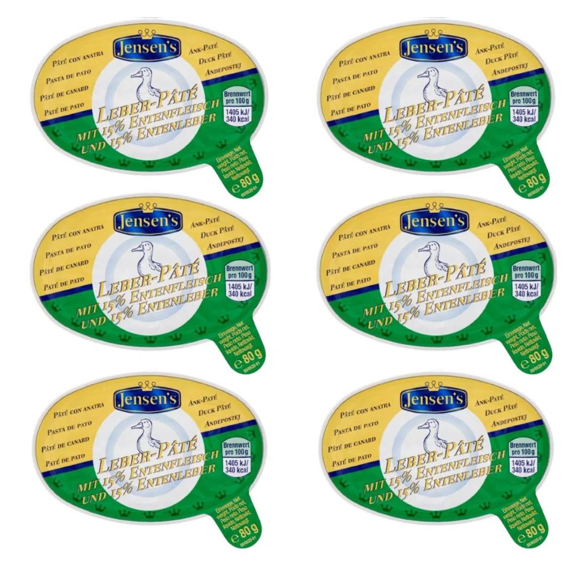 Pâté D'Anatra Jensen's Leber - Set da 6 vaschette x 80g (Totale 480g) - Specialità Tedesca Gourmet con 15% Carne d'Anatra e 14% Fegato d'Anatra - Ideale per Antipasti e Aperitivi