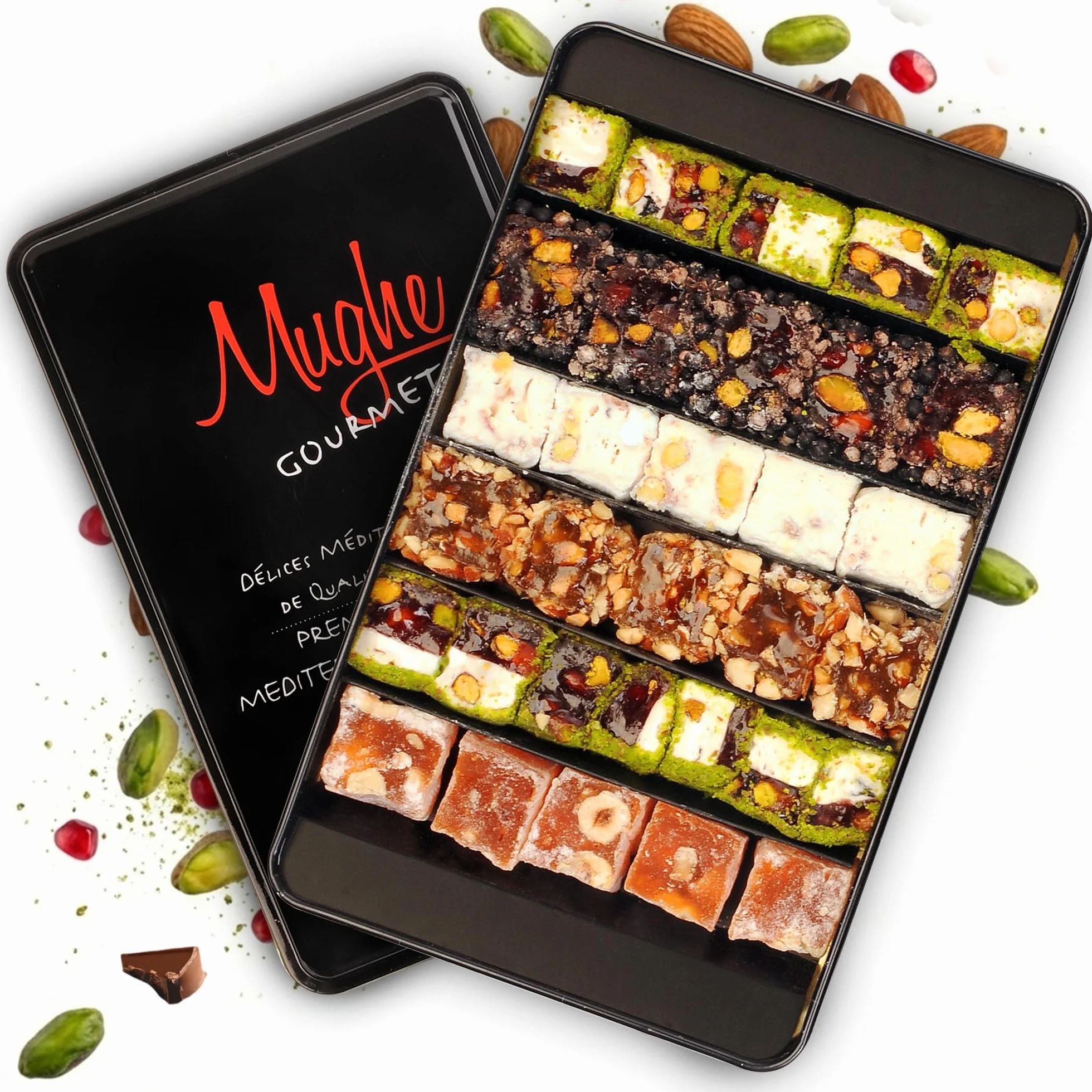 Mughe Gourmet - Delizia Turca con Pistacchi Sultan - Elegante Scatola Regalo di Lusso - Lokum Pistacchio, Arancia, Nocciola e Mandorle - 650g - Halal e Vegetariano - Perfetta per Compleanni, Natale