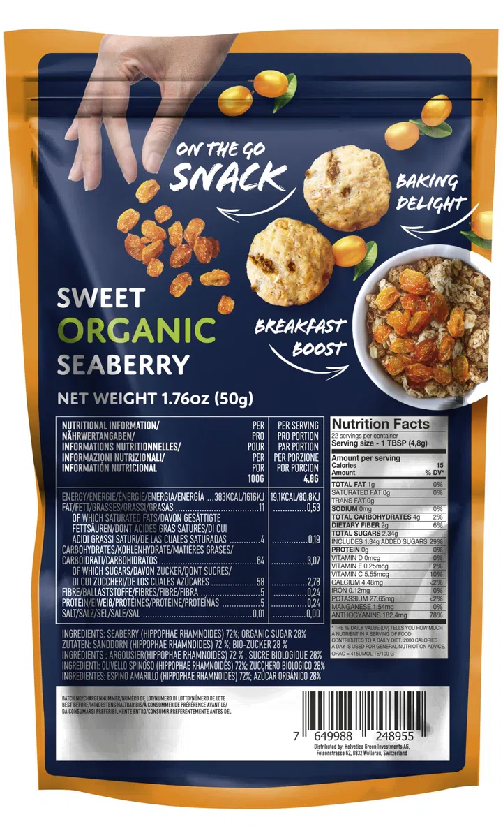Nordic Dried Seaberry Organic | 100% Natural & Organic Sea Buckthorn Berries | Ricco in antiossidanti & Omega Fatty Acids, 50 g