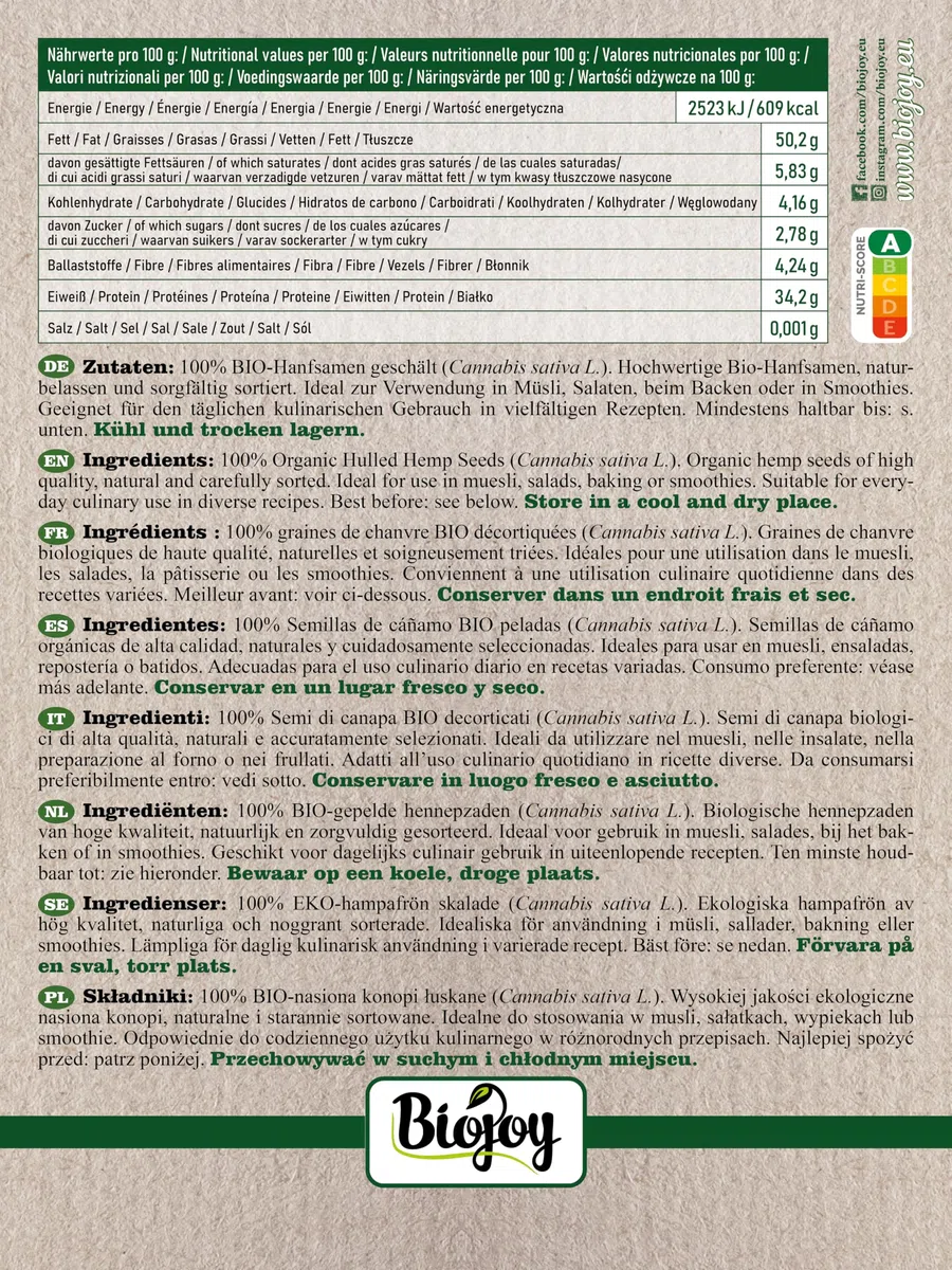 Biojoy Semi di Canapa Decorticati BIO (1 kg), Crudi