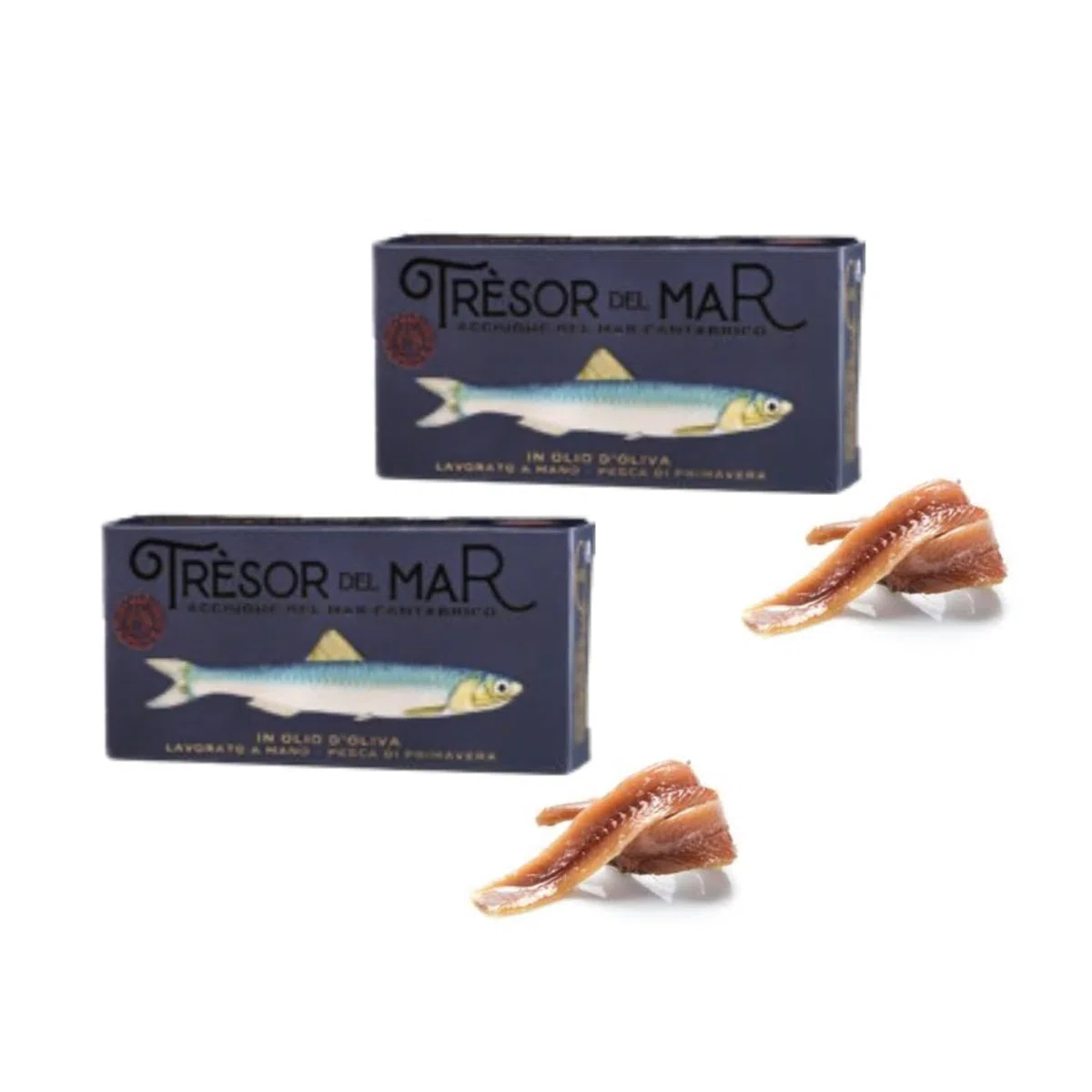 Tresor del Mar | Filetti Alici Mar Cantabrico Olio Oliva | Acciughe Mar Cantabrico Lavorazione Manuale | Acciughe Pesca Primavera - 2 x 50 Gr Peso Netto