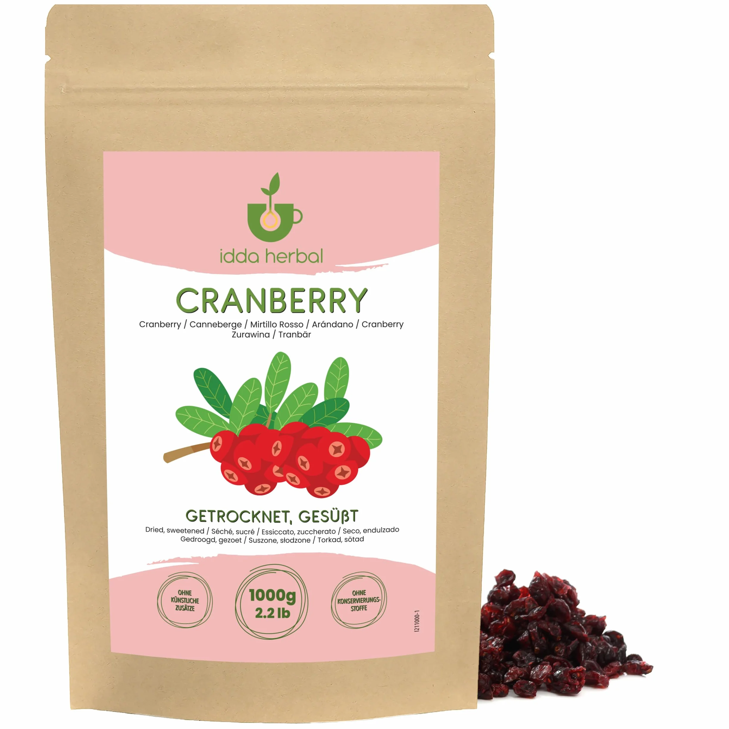 IDDA Herbal Mirtilli Rossi Secchi 1kg, Mirtilli Rossi Essiccati, Dolcificati con Succo di Mela