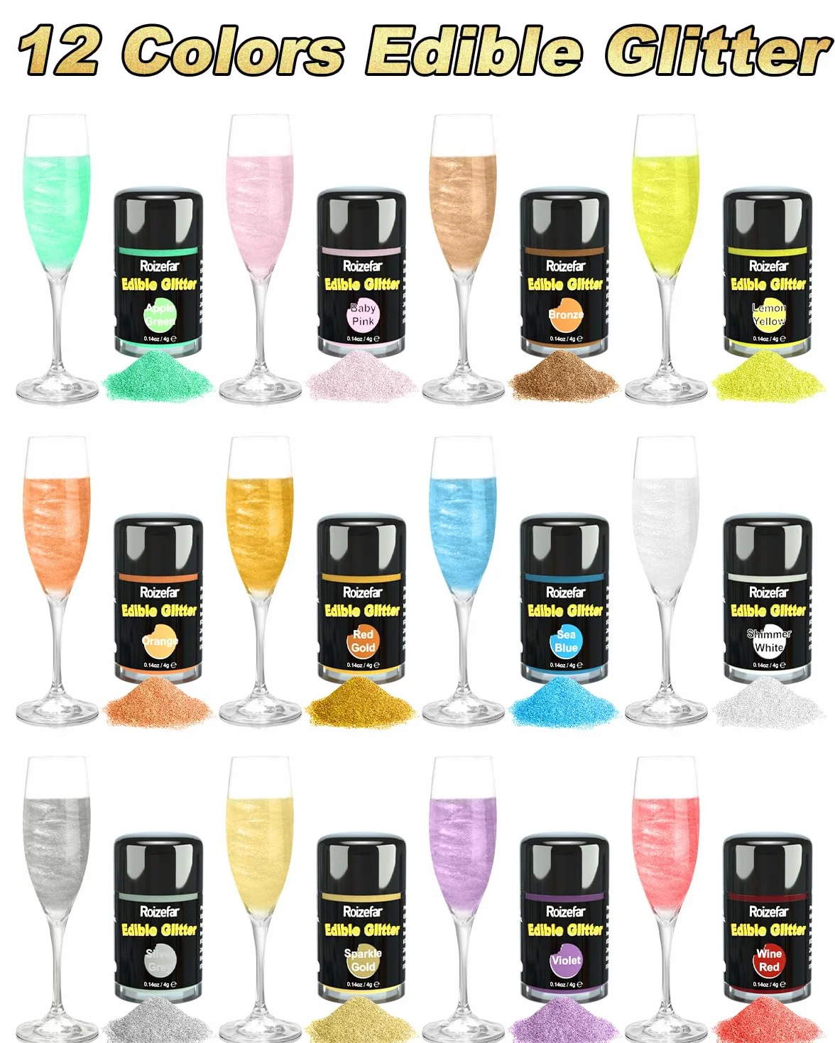 Roizefar Glitter Commestibili 12 colori x 4g Glitter in Polvere per Alimenti, Bevande in Polvere, Polveres Glitter per Alimenti, Torte, Bevande, Liquidi, Cioccolato, Panna