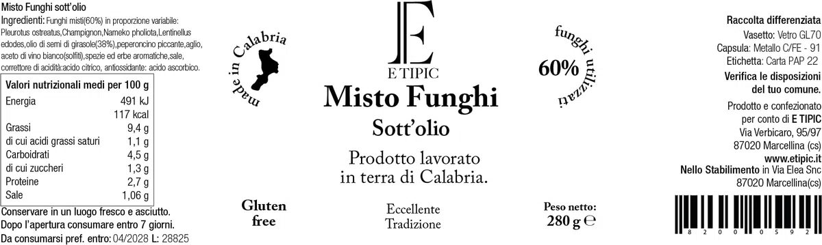 Funghi misti| Funghi misti sott'olio | Funghi| E Tipic | Artiglianale | Prodotti tipici Calabresi | Vaso da 280g (4 Unità)