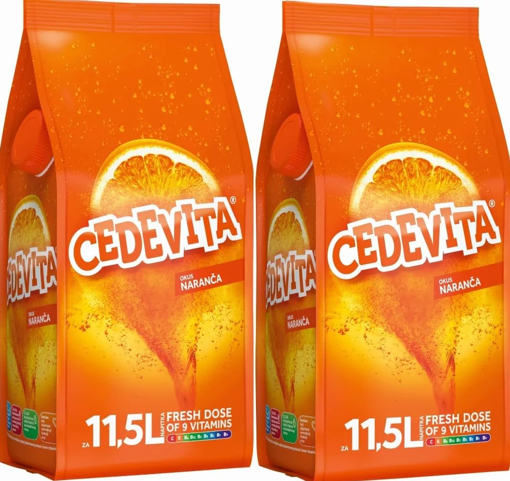 Cedevita orange 2 x 1 kg di polvere effervescente naranca con 9 vitamine per bevande analcoliche da 26 litri