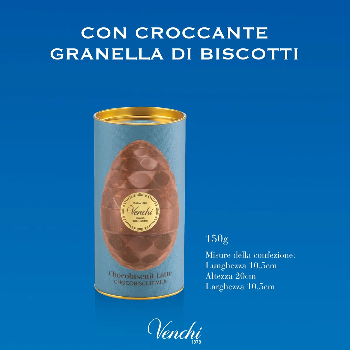 Venchi - Uovo di Cioccolato, Gusto Cioccolato al Latte con Granella di Biscotti, con Sorpresa, Senza Glutine, 150 gr, Collezione Pasqua, Idea Regalo